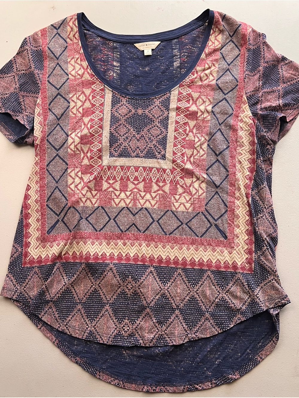 Lucky Brand Navy and Coral Geometric Scoop Neck Top